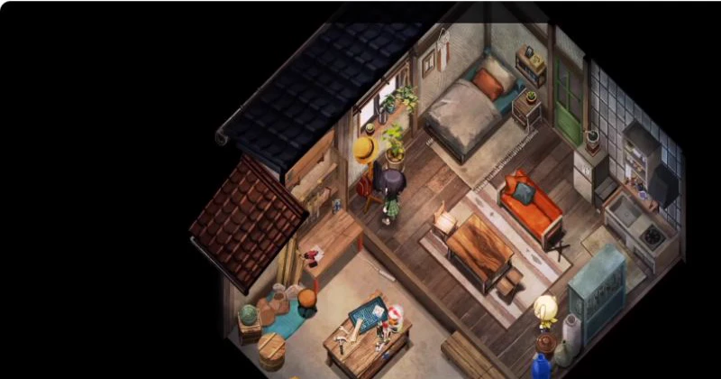 ユータの作業場で主人公が会話を始めるゲーム画面