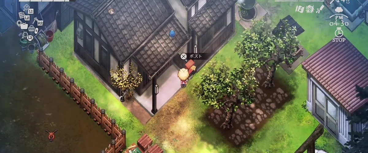 自宅前のポストでポストの操作表示が出ているゲーム画面