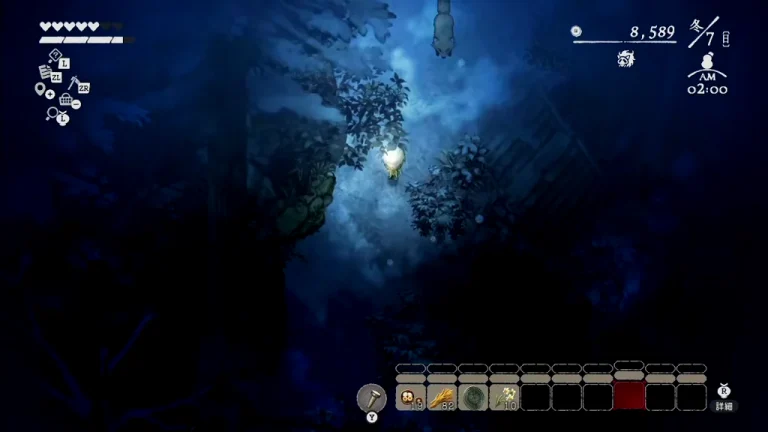 冬の真夜中に白く光る狐を追うゲーム画面