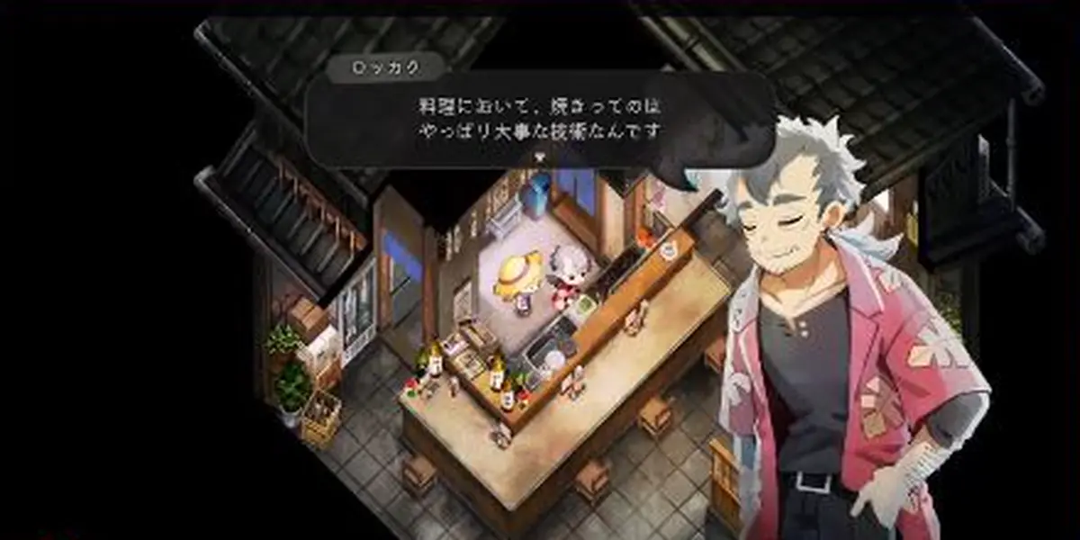 店内でロッカクが料理の焼きについて説明するゲーム画面