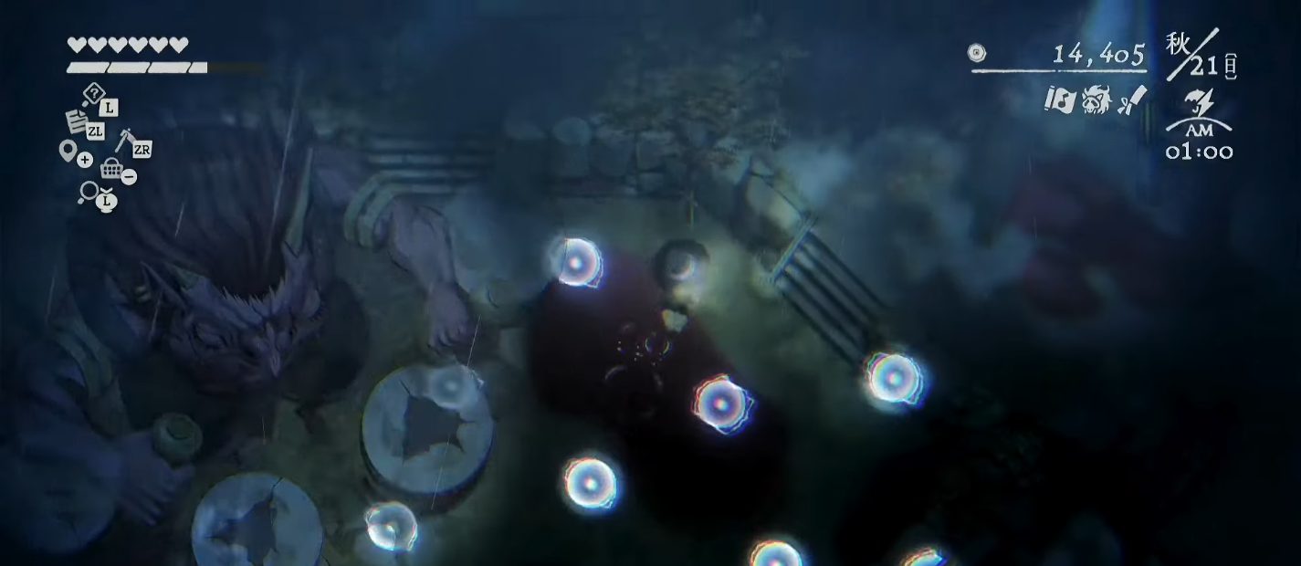 ほの暮しの庭で雷神が複数の輪状攻撃を広げるゲーム画面