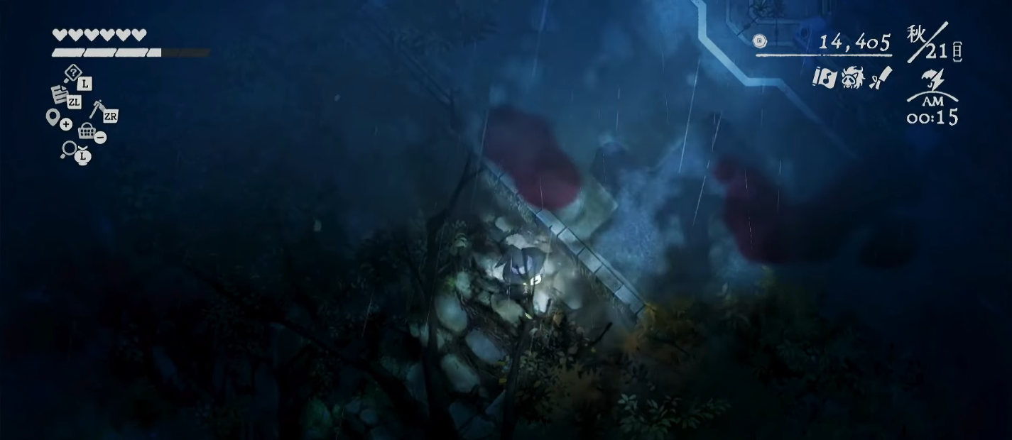 ほの暮しの庭で雷雨の天候アイコンを確認して夜の村へ入るゲーム画面
