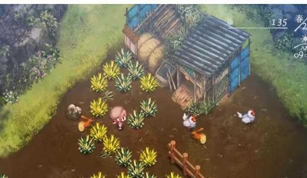 樹木建設で鶏小屋を改築した後に庭で外観と鶏を確認しているゲーム画面