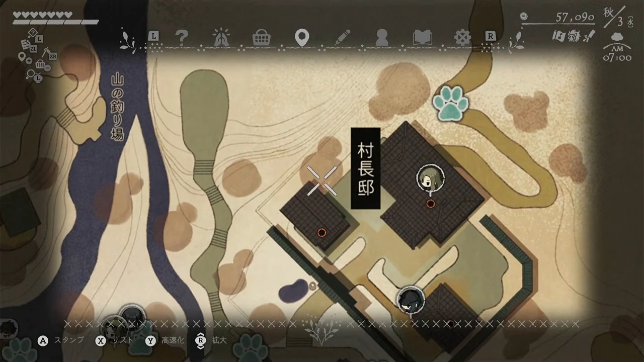 ゲーム内地図で村長邸と西側の位置関係を表示した画面