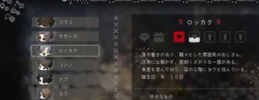 住民プロフィールで親密度と好きなものを確認するゲーム画面