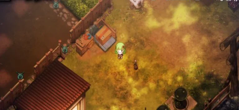 屋外の土で青紫色の花が咲いた幽霊花の花瓶を確認するゲーム画面