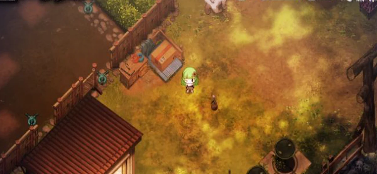 屋外の土で青紫色の花が咲いた幽霊花の花瓶を確認するゲーム画面