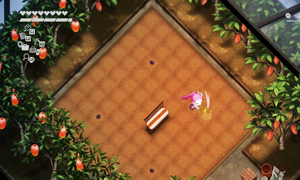 温室中央の畑に泥の種を4か所へ離して植えたゲーム画面