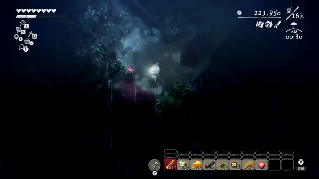 深夜に赤い人形を追い大きな人形の顔を避けるゲーム画面
