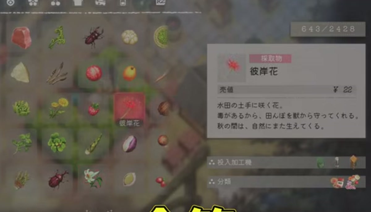 彼岸花を選ぶと投入加工機が表示されたゲーム画面