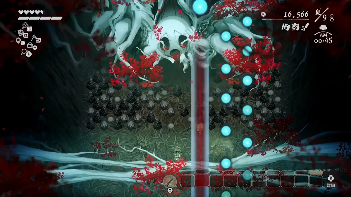 コダマ戦で青い球の列と縦の光線が同時に表示されたゲーム画面