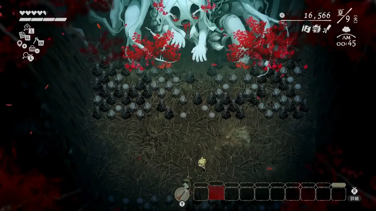 コダマ戦で黒と白の岩が並び通路が狭くなったゲーム画面