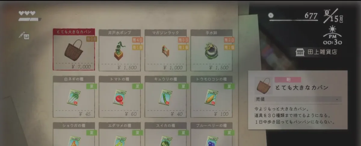 とても大きなカバン購入後に所持金677円と在庫残り0を表示した田上雑貨店の画面