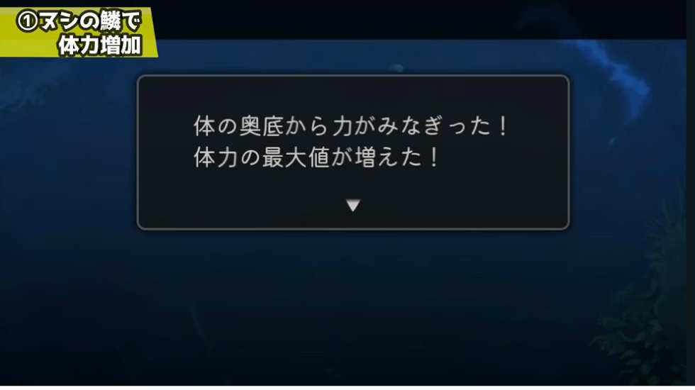 オカミ淵のヌシイベント後に体力の最大値が増えたと表示されたゲーム画面