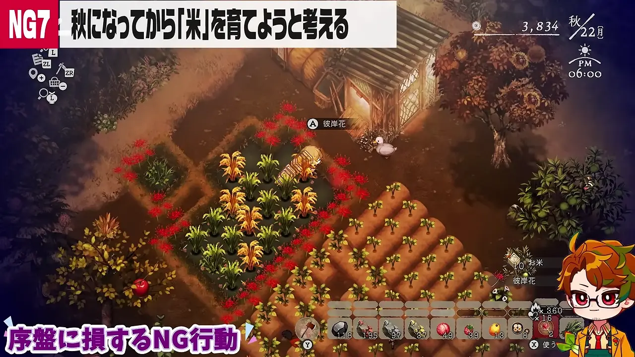 成熟したお米を1株収穫してお米10個が表示されたゲーム画面