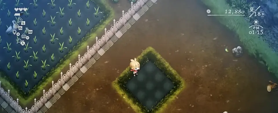 スキを使った直後に水の張られた田んぼが完成したゲーム画面
