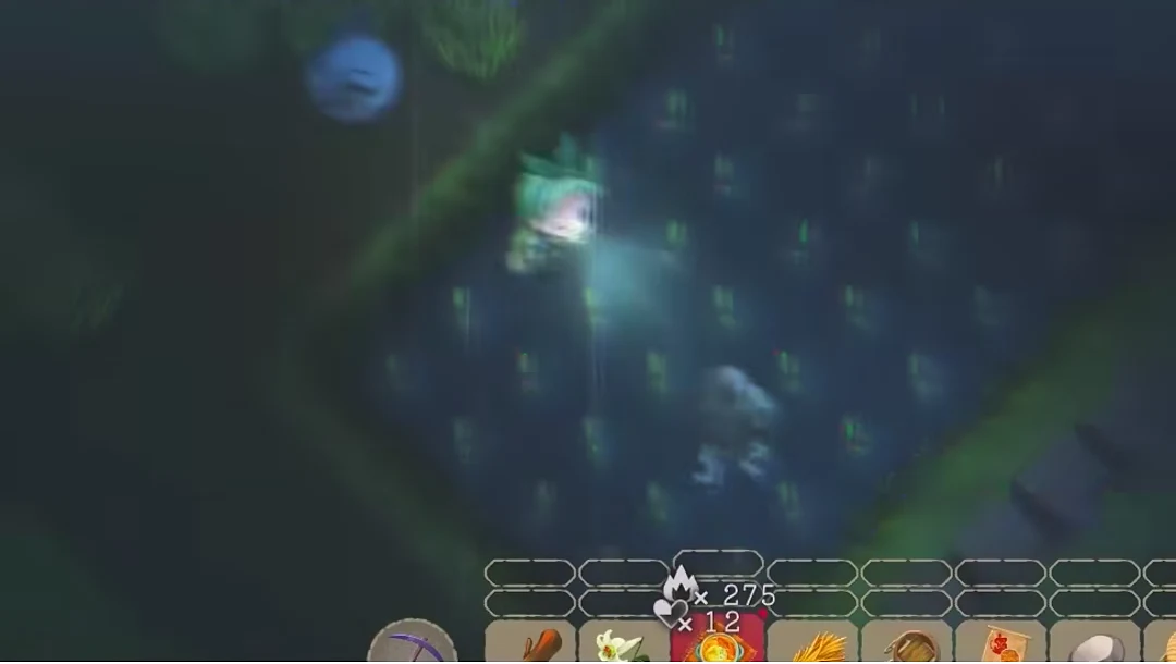 AM0時の夜に主人公の近くを移動する丸い岩のゲーム画面