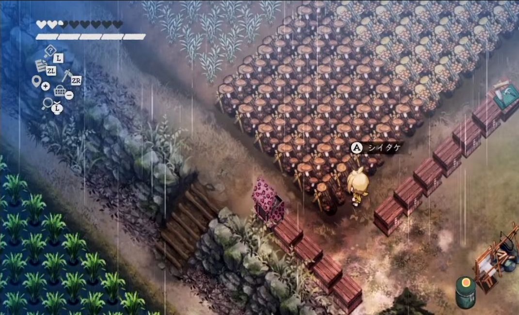 雨の中でキノコが育った丸太の前にAシイタケと表示されたゲーム画面