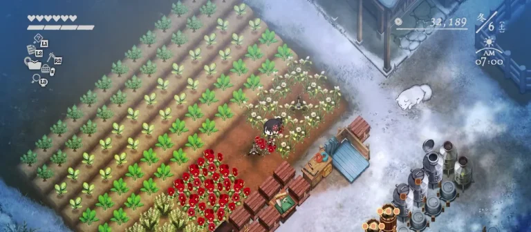 育ったパンジーの前でカマを使って収穫しているゲーム画面