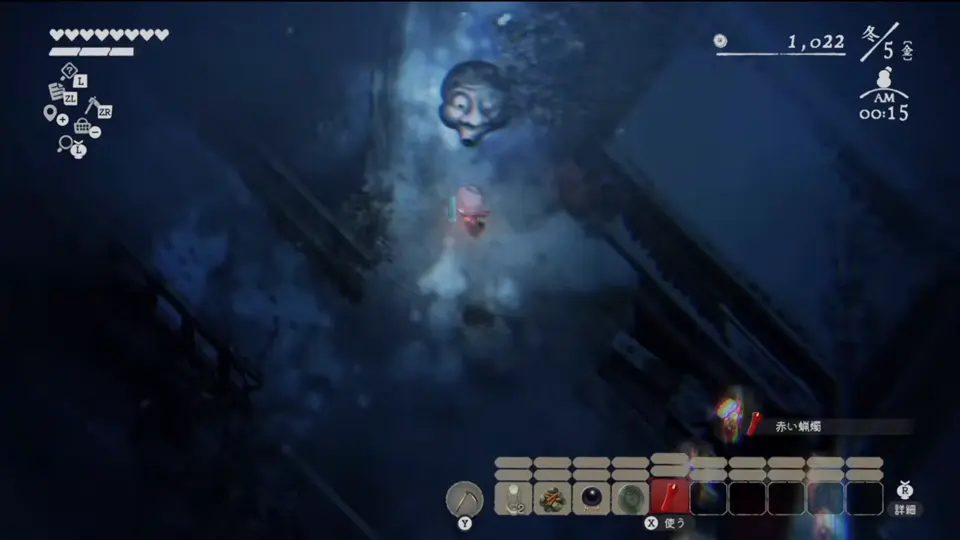 赤いろうそくを選択した状態で赤い仮面へ近づいているゲーム画面