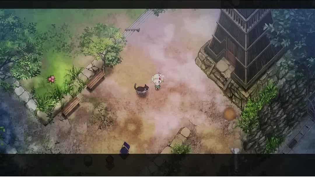 村にいる三毛猫へ近づいたゲーム画面