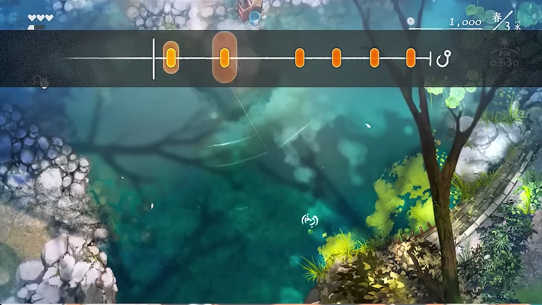 魚がかかり画面上部に釣りゲージが表示されたゲーム画面
