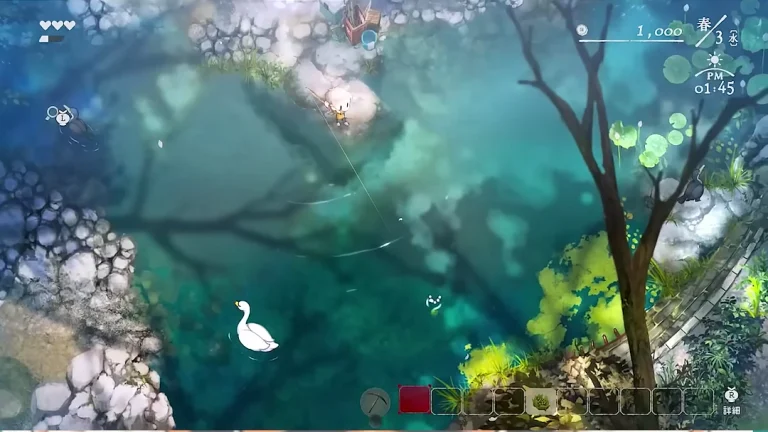 辻の釣り場の水辺で釣りをしているゲーム画面