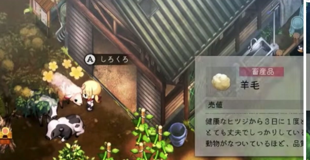 畜産品の羊毛と健康なヒツジから3日に1度入手できる説明が表示されたゲーム画面