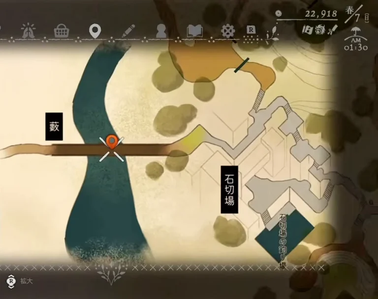 ゲーム内地図で石切場の西側に藪と表示され、川を越える道が確認できる画面