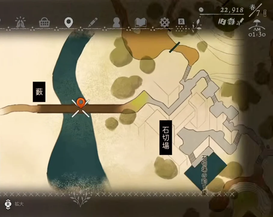 ゲーム内地図で石切場の西側に藪と表示された画面