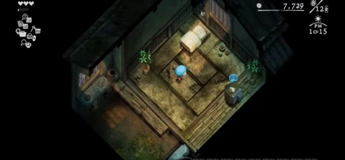 夜の診療所の室内を調べるゲーム画面