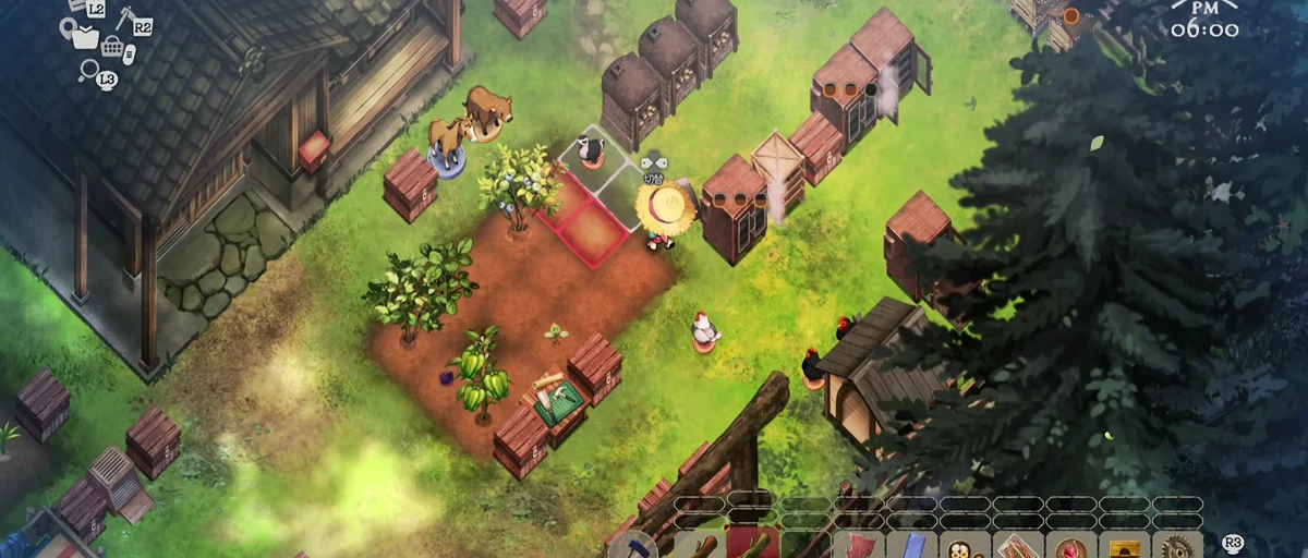 方向キー左右の切替表示と地面の複数マスの作業枠が見えるゲーム画面