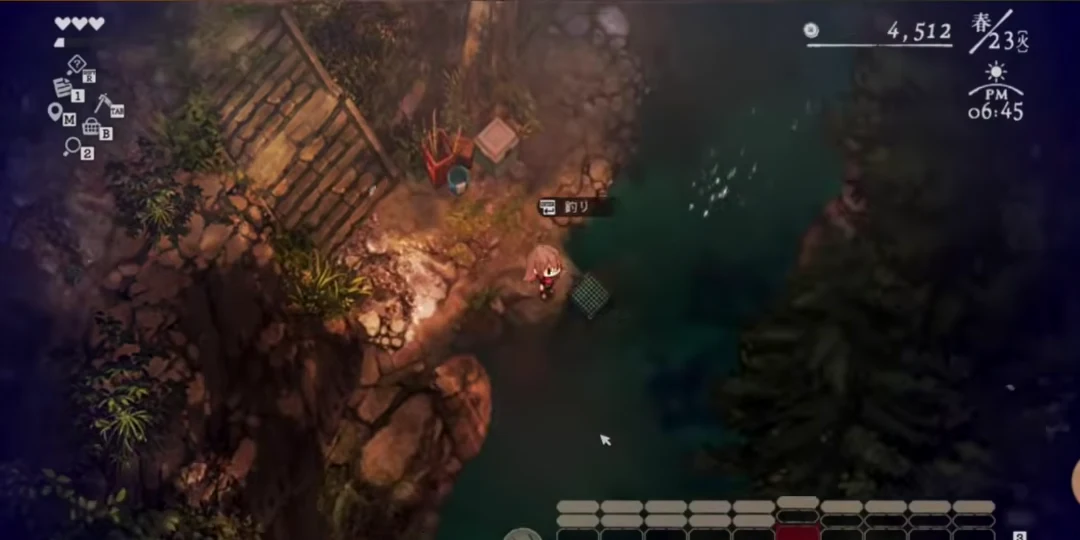 水辺のかごのそばでゲーム内の操作表示が出ている画面