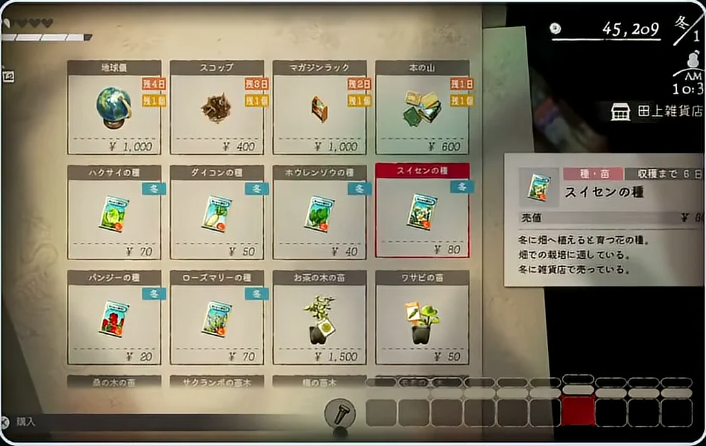スイセンの種の価格80円と収穫まで6日が表示されたゲーム画面
