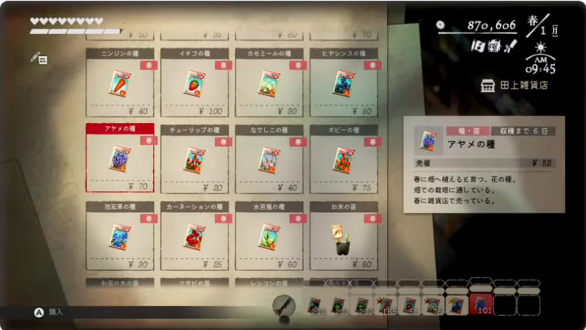 田上雑貨店でアヤメの種70円、収穫まで6日、畑に植える説明を表示したゲーム画面