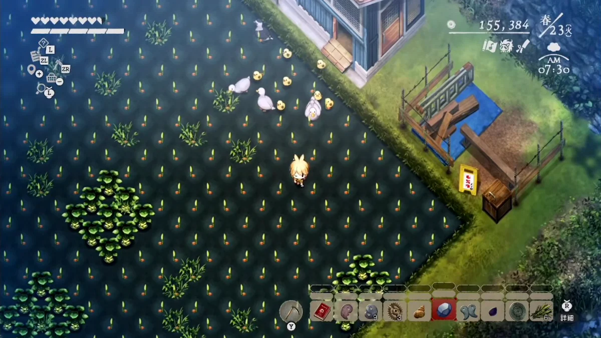 成長したアヒルとヒヨコが雑草の生えた水田内を歩くゲーム画面