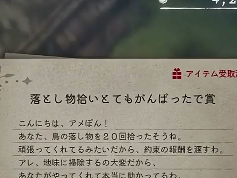 落とし物拾いとてもがんばったで賞の手紙に鳥の落とし物20個の条件が表示されたゲーム画面