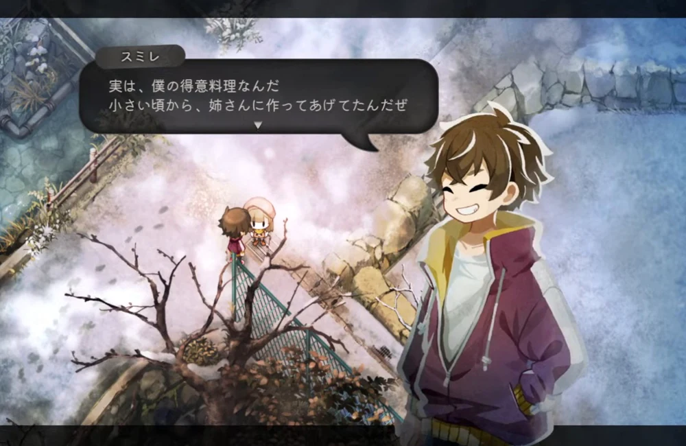 雪の積もった村でスミレが得意料理について話すゲーム画面