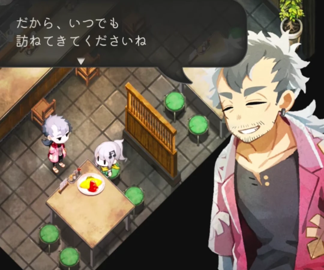 住民がいつでも訪ねてきてくださいねと案内するゲーム画面
