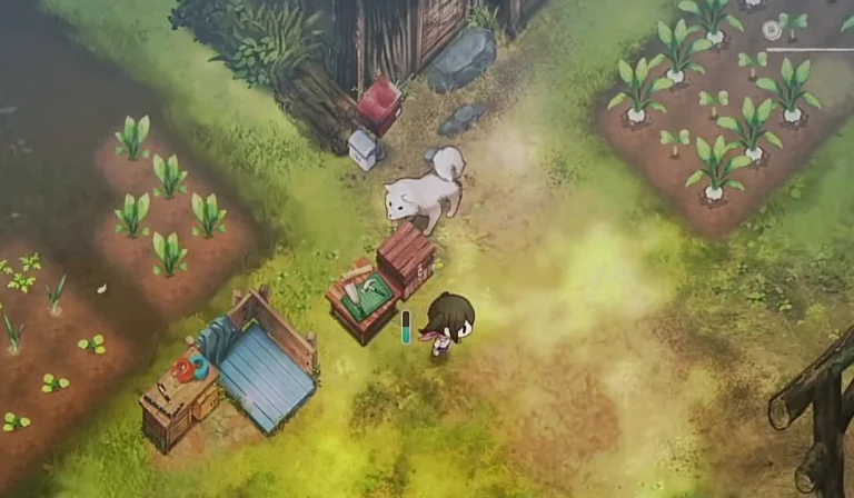 指笛の確認後に主人公と犬が庭へ到着したゲーム画面