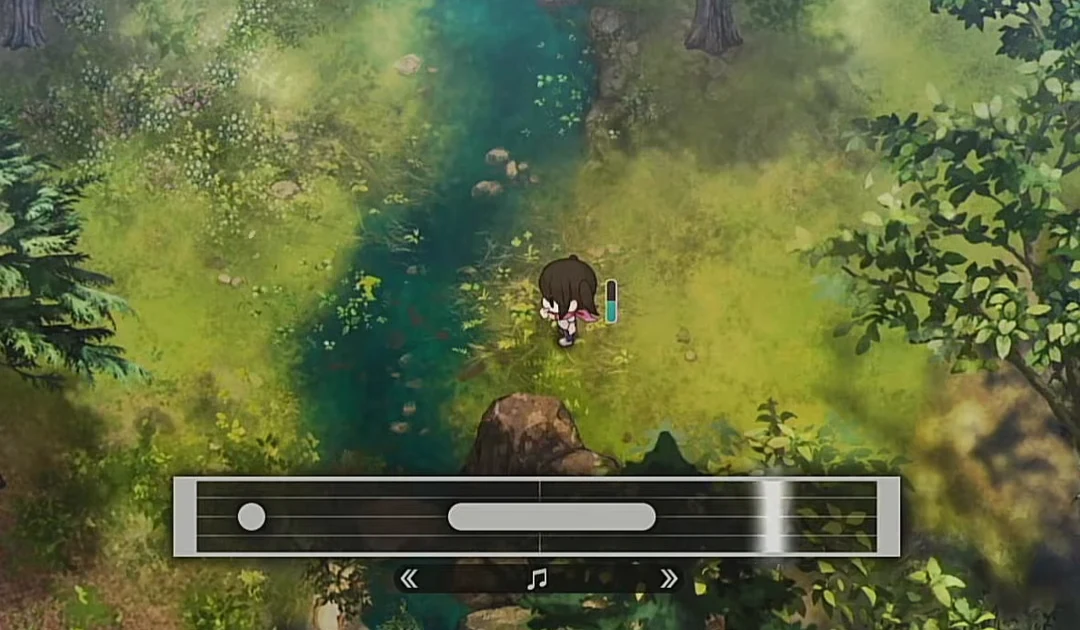 庭から離れた場所で指笛の音符バーが表示されたゲーム画面