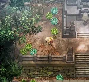 墓石が並ぶ区画で主人公が雑草を刈っているゲーム画面