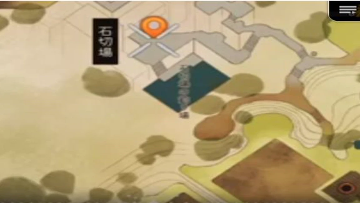 地図に石切場の名称と目的地マーカーが表示されたゲーム画面