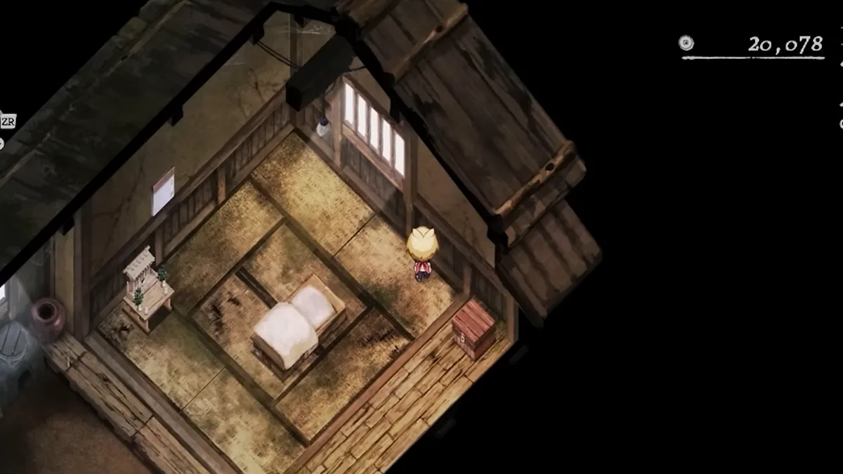 ベッドと収納箱の周りに広い空き床がある家の室内ゲーム画面