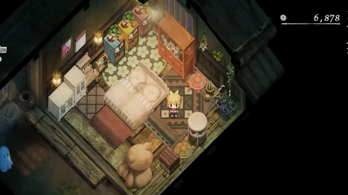 敷物、ベッド、棚、テーブルを置きながら中央に通路を残した室内ゲーム画面
