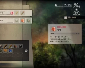 木材と石材の区分がある祠の修復素材画面