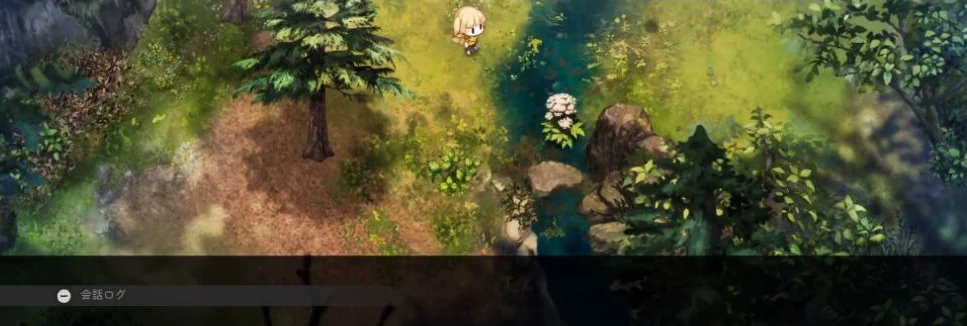 細い小川と岩のそばの白いトウキへ近づくゲーム画面