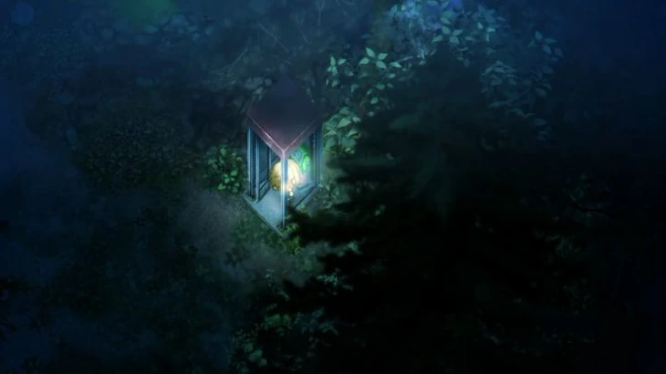 夜の村境へ向かう道を進む主人公