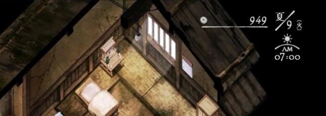 村外へ進んだあと翌朝に自宅から再開するゲーム画面