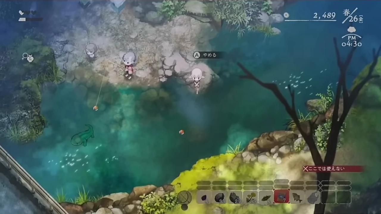 村の釣り場で水面へウキを投げて白いウナギを待つゲーム画面